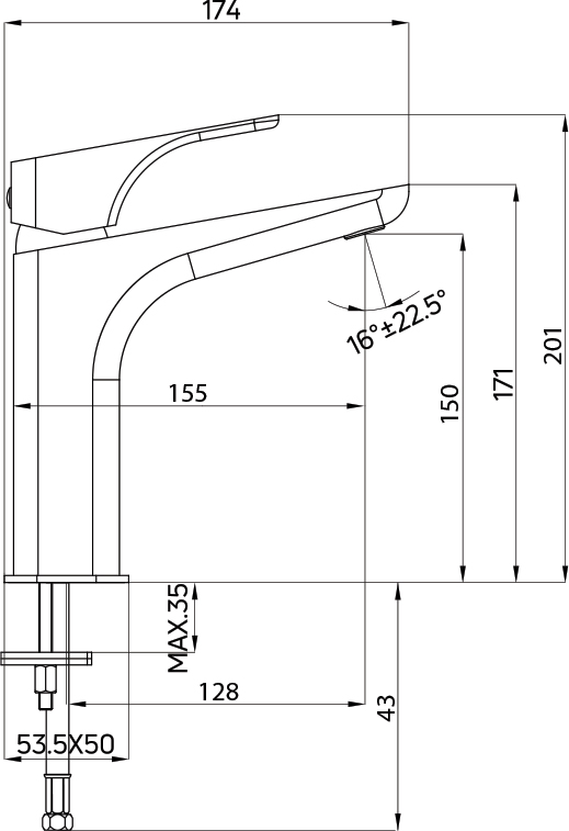 Washbasin Mixer 1654-002 - Drawing