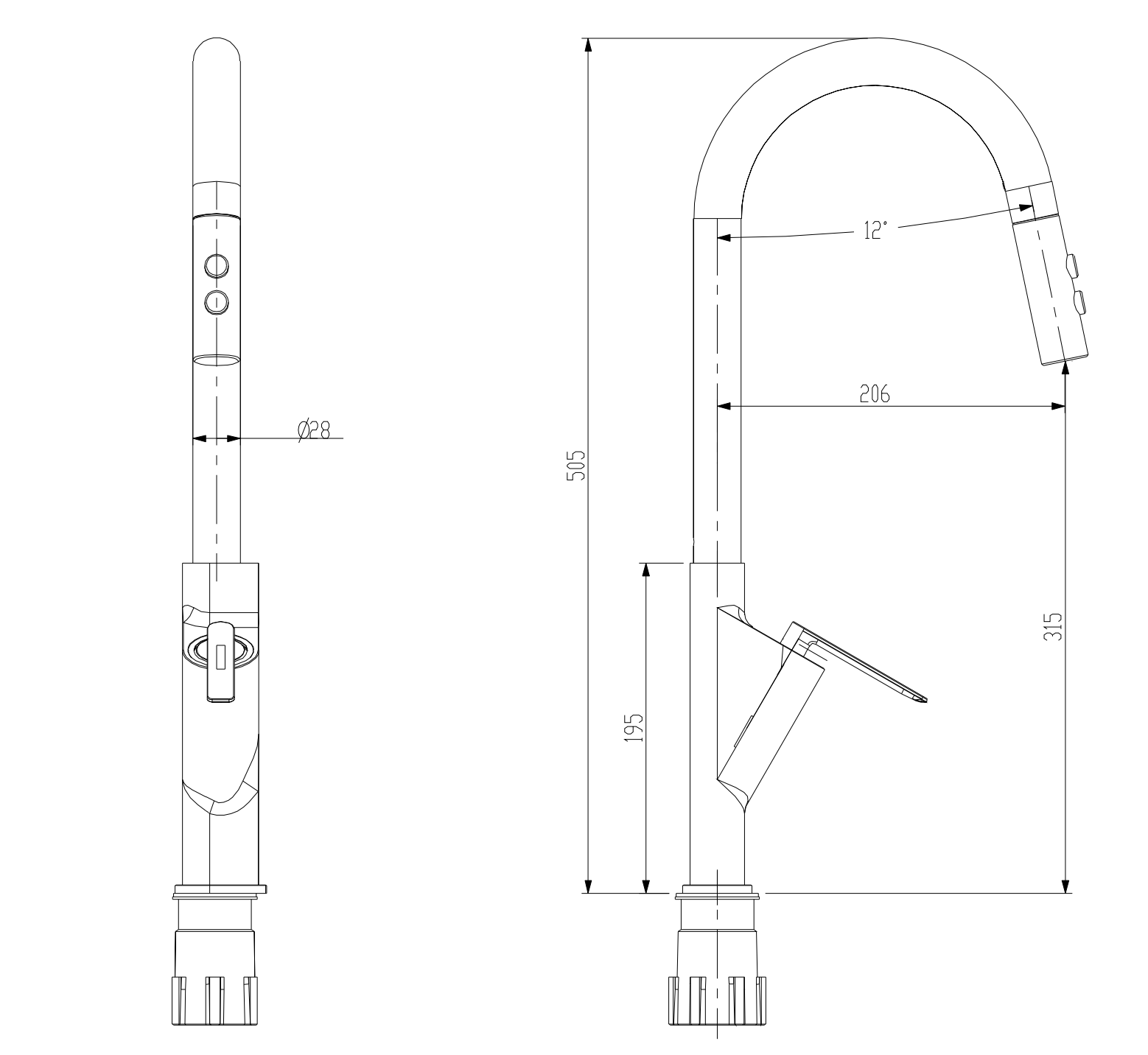 Drawing — Pull Out Sink Mixer 1654-8003C