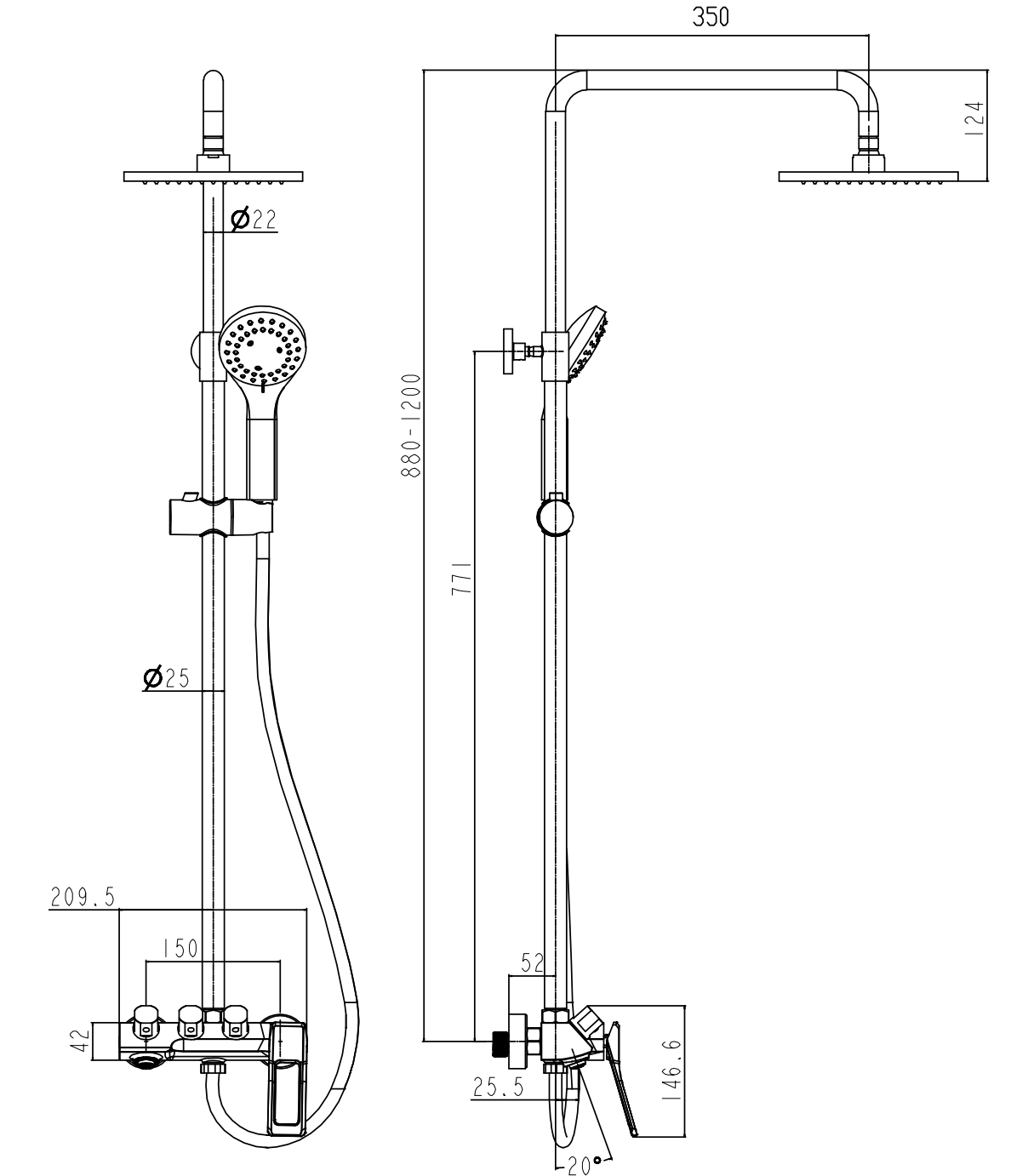Shower Set 1654-9764G - Drawing