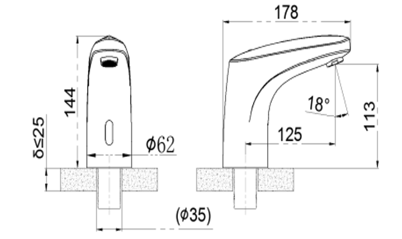 Kızılötesi elektronik sensörlü lavabo 1722-0810 - Teknik çizim