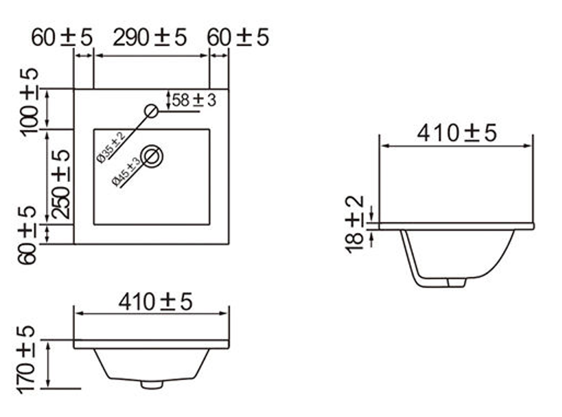 Gömme Seramik Lavabo 1610-0144 - Teknik çizim