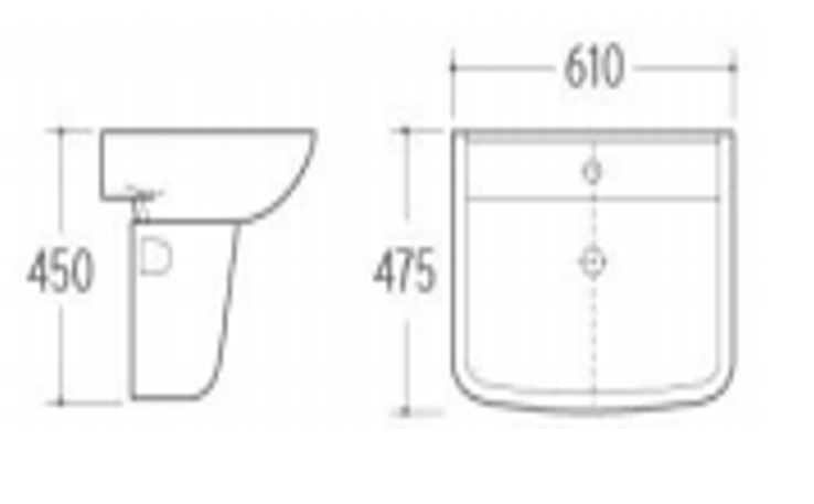Yarım Kaideli Lavabo 1610-0293 - Teknik çizim