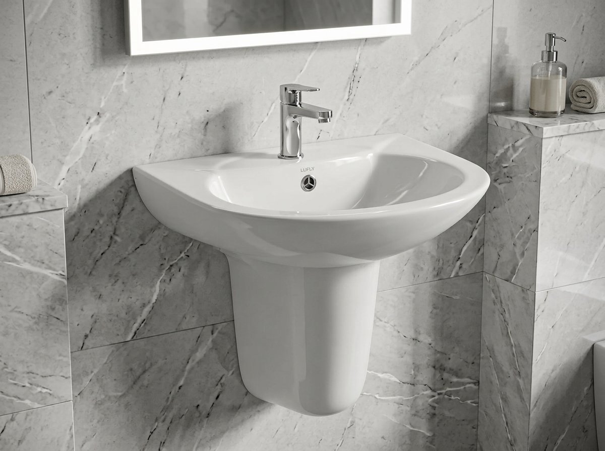 Installed — Washbasin Wall Hung with Half Pedestal 1610-0021