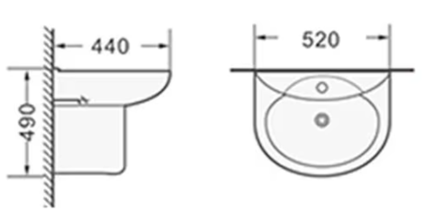 Drawing — Washbasin Wall Hung with Half Pedestal 1610-0021